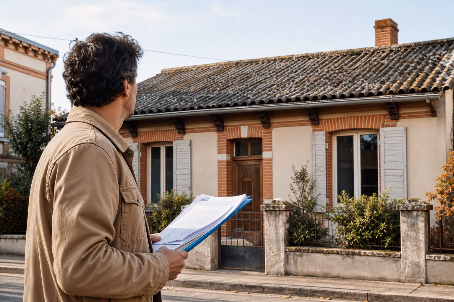 Propriétaire consultant un dossier d'aides financières devant une maison à la toiture en fibrociment à rénover