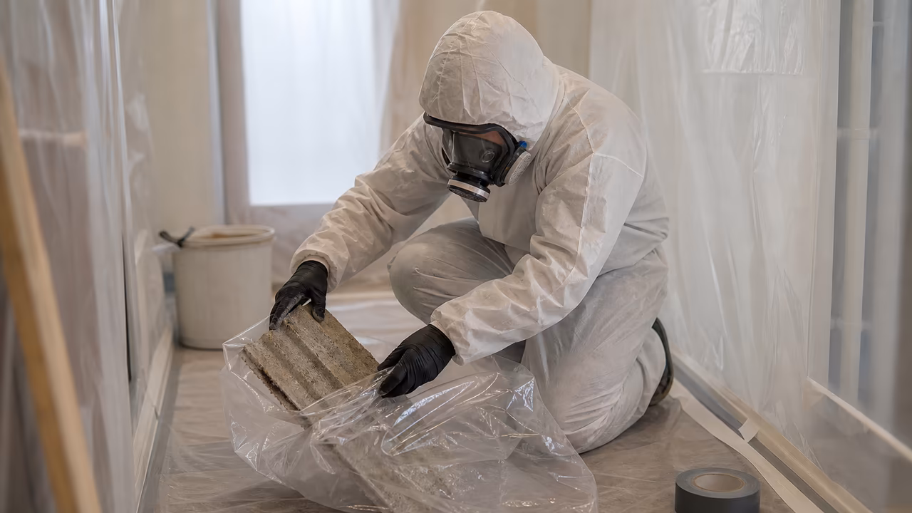 Ouvrier protégé manipulant avec précaution un matériau amianté sur un chantier, illustrant les risques