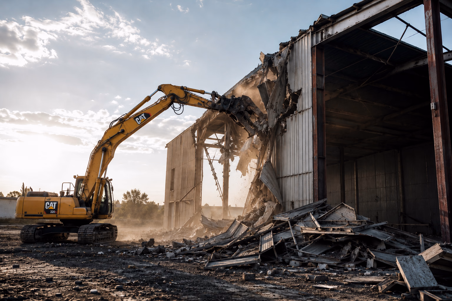 Vue d&#39;un hangar métallique en cours de démolition par une pelle mécanique sur un terrain en périphérie de Toulouse