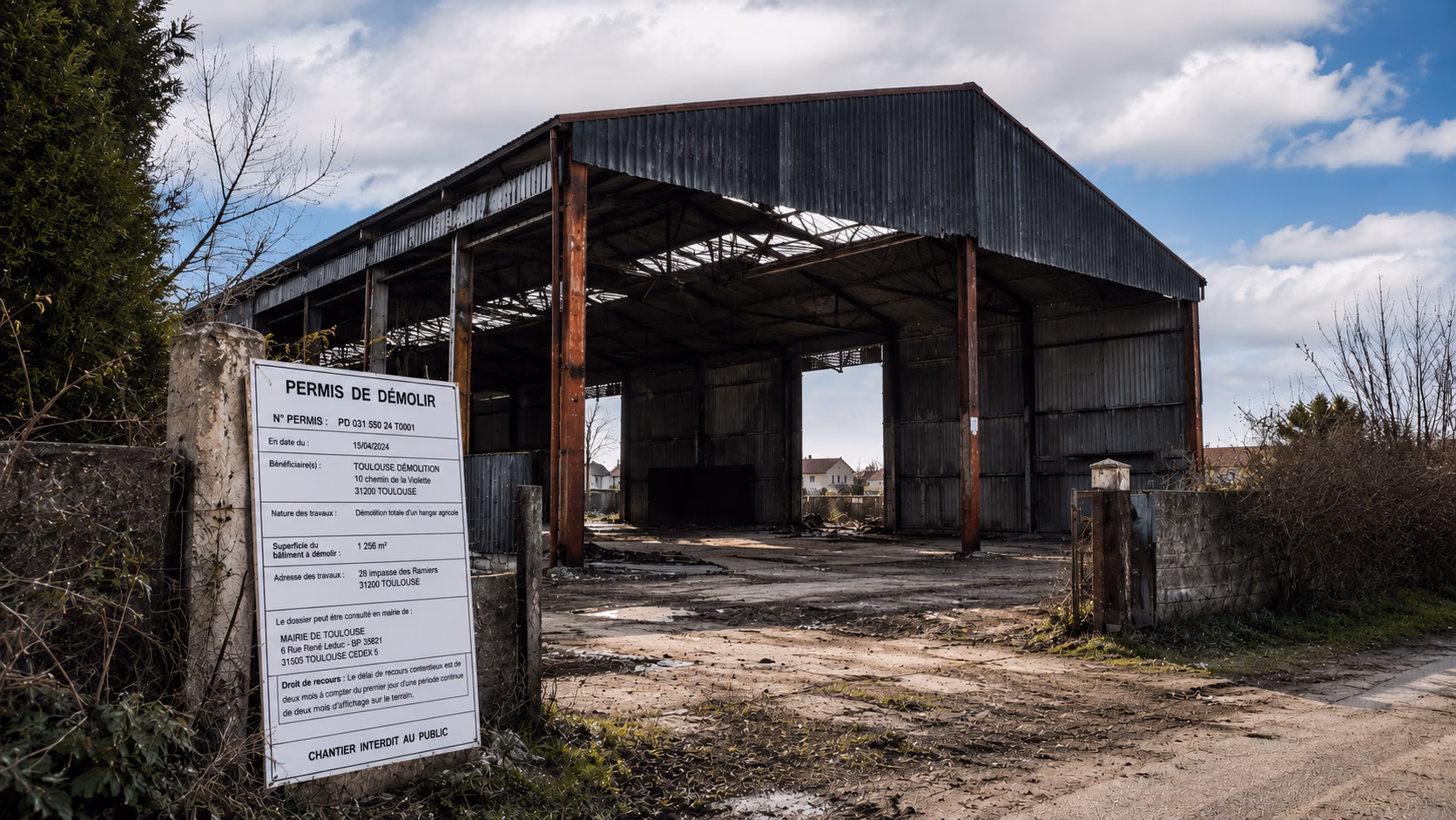 Hangar agricole avec charpente métallique en zone périurbaine, panneau d'affichage de permis de démolir visible à l'entrée