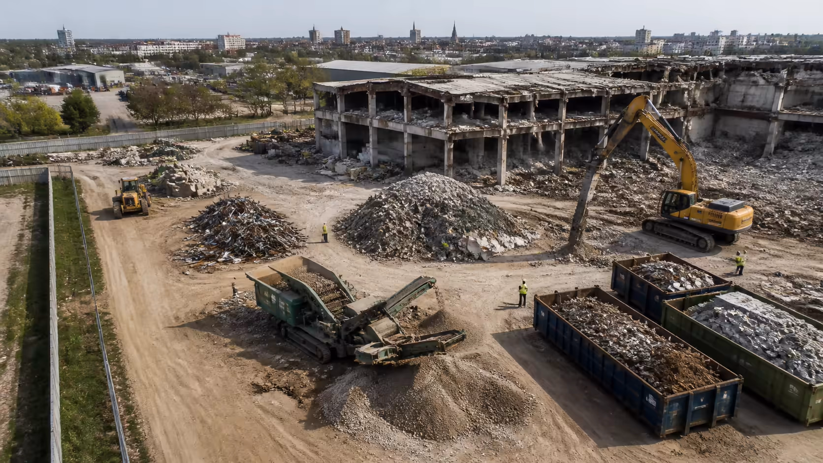 Vue aérienne d'un site industriel toulousain en cours de déconstruction sélective avec engins de tri et bennes de valorisation