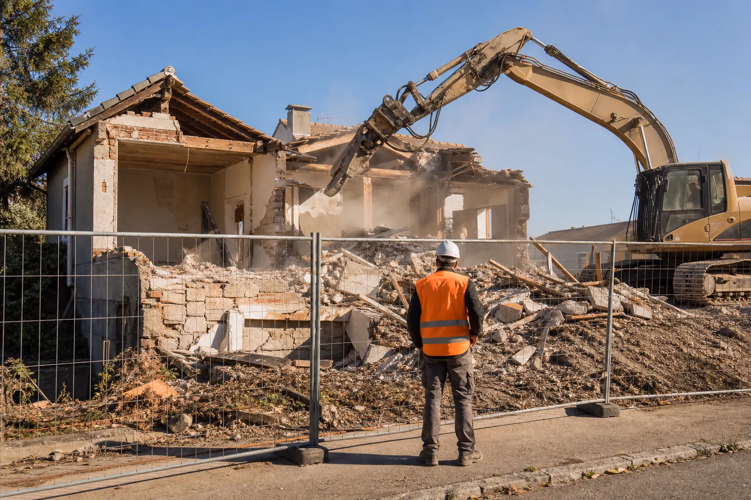Pelle mécanique en train de démolir une maison individuelle sur un chantier clôturé en périphérie de Toulouse, ciel dégagé