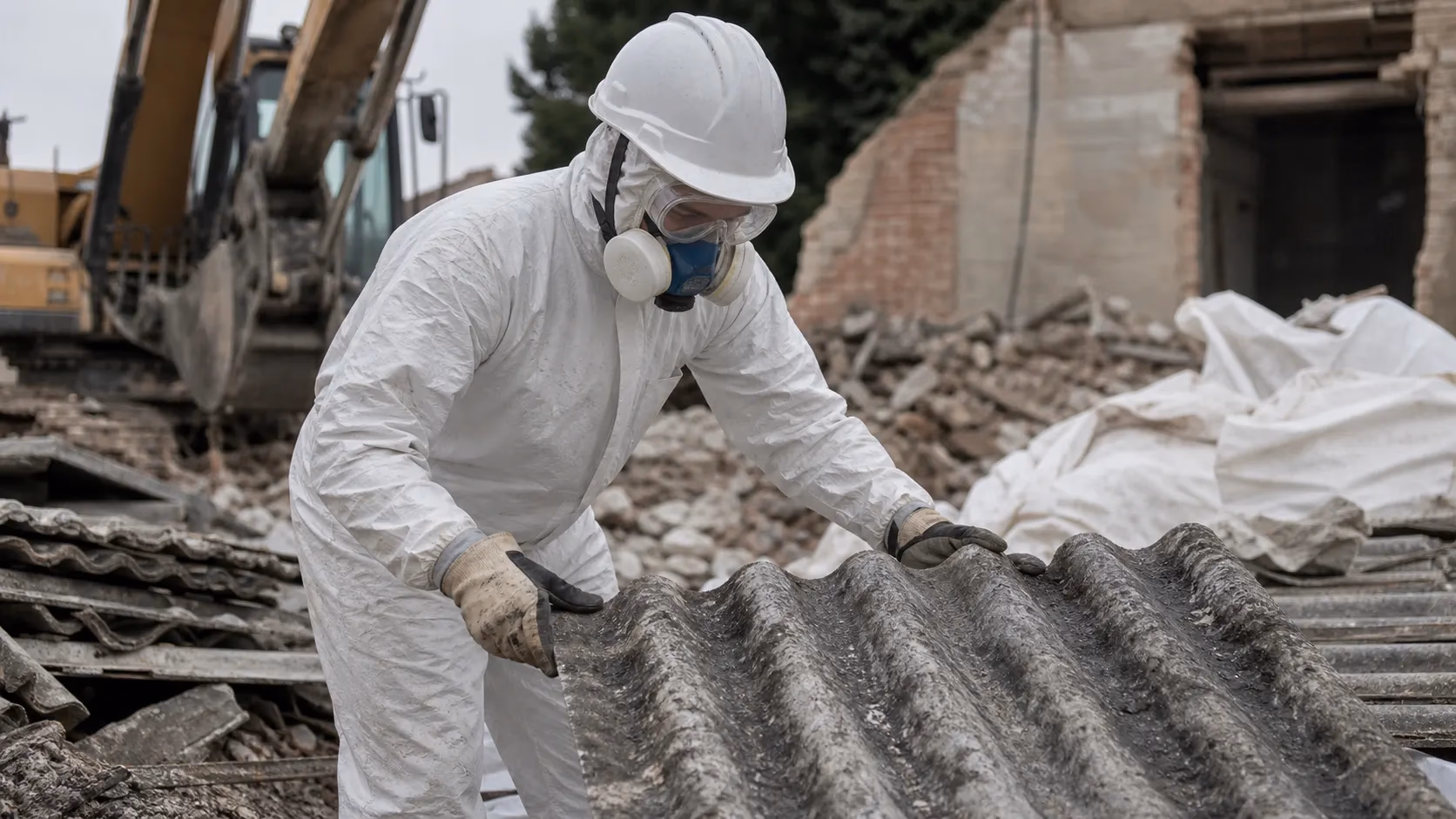 Ouvrier en combinaison de protection blanche manipulant des plaques de fibrociment sur un chantier de désamiantage