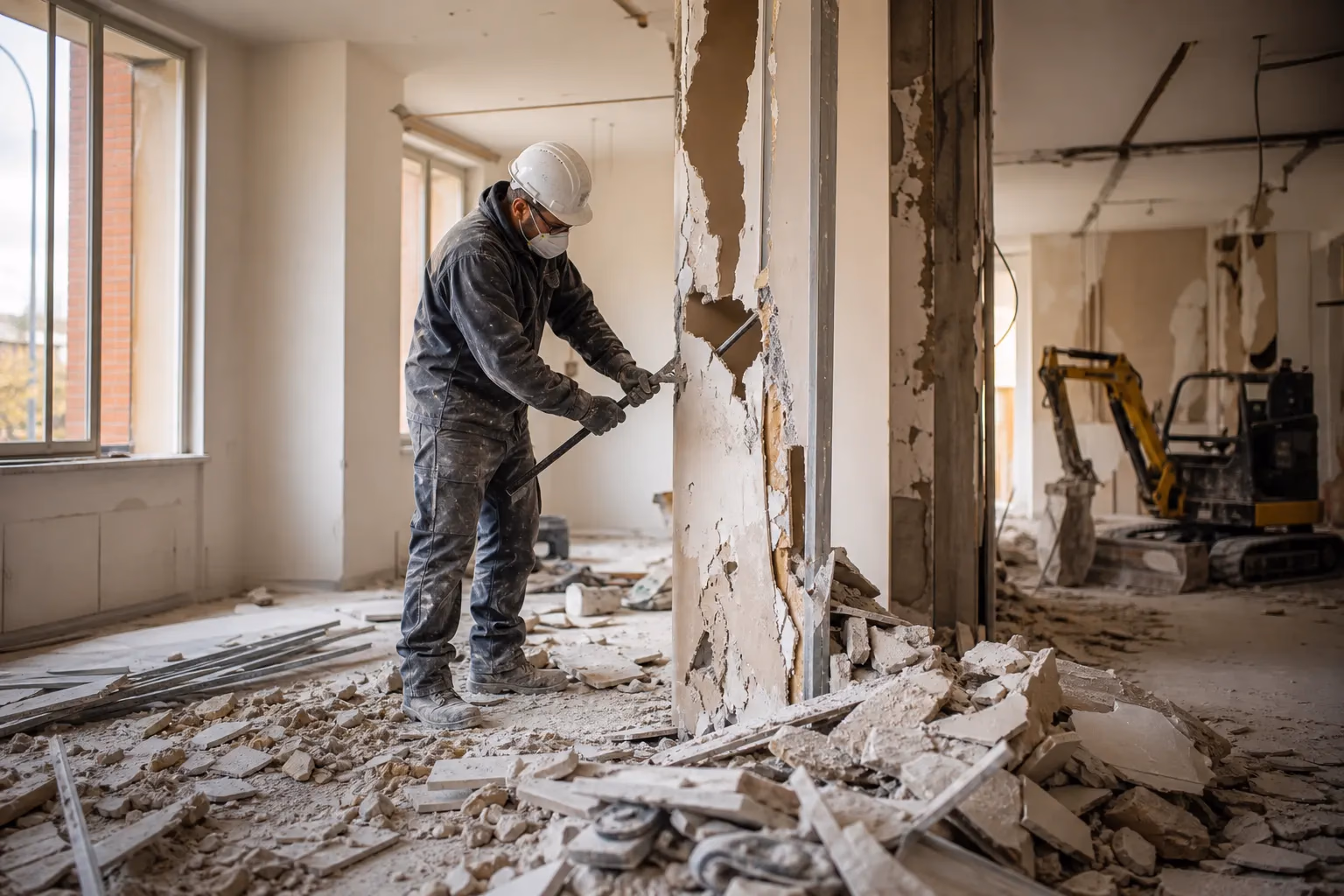 Artisan en combinaison démontant une cloison en plaques de plâtre dans un appartement toulousain en rénovation, gravats au sol