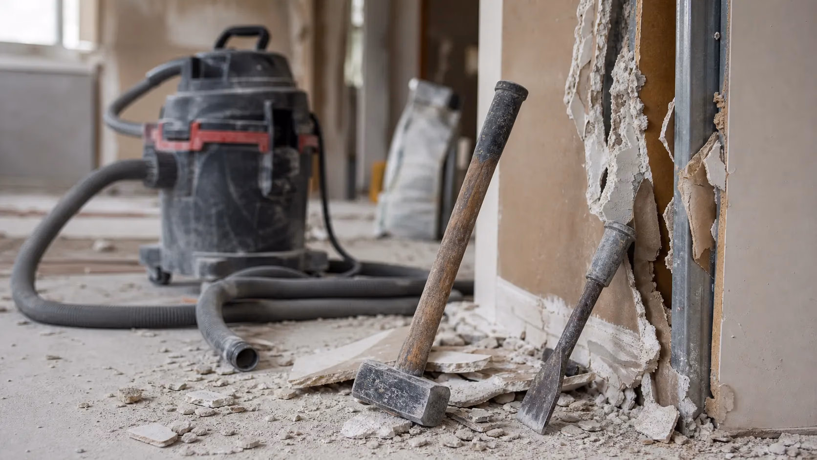 Gros plan sur une massette, un ciseau à plâtre et un aspirateur de chantier posés près d'une cloison en placo partiellement démontée