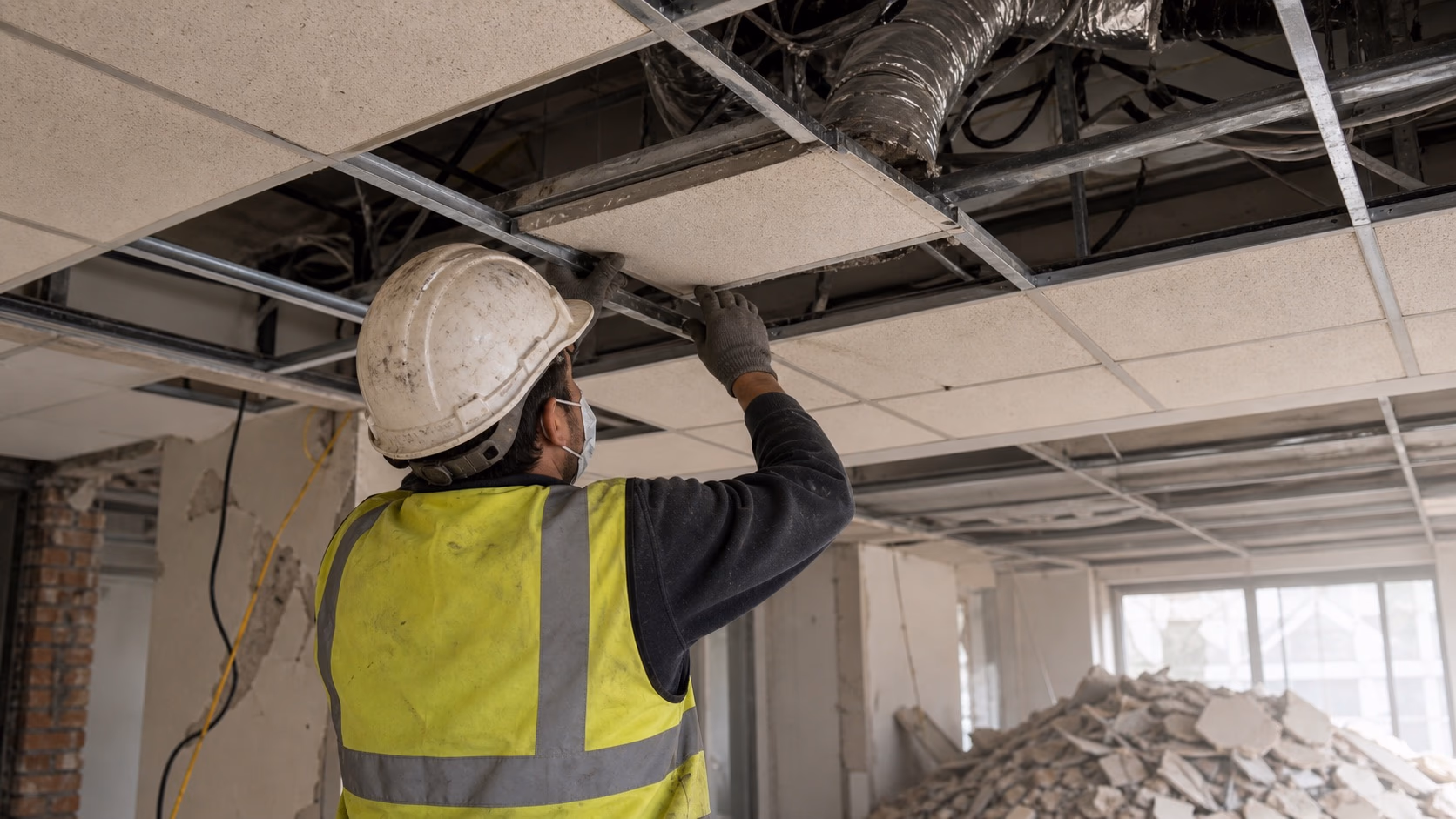 Détail d'un faux-plafond en dalles minérales partiellement déposé révélant l'ossature métallique et les gaines techniques