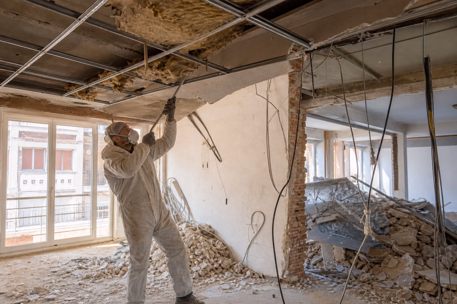 Ouvrier en combinaison et masque démontant un faux-plafond suspendu dans un appartement toulousain en rénovation