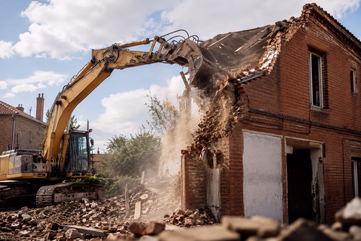Pelle mécanique sur un chantier de démolition partielle d&#39;une maison en briques rouges à Toulouse