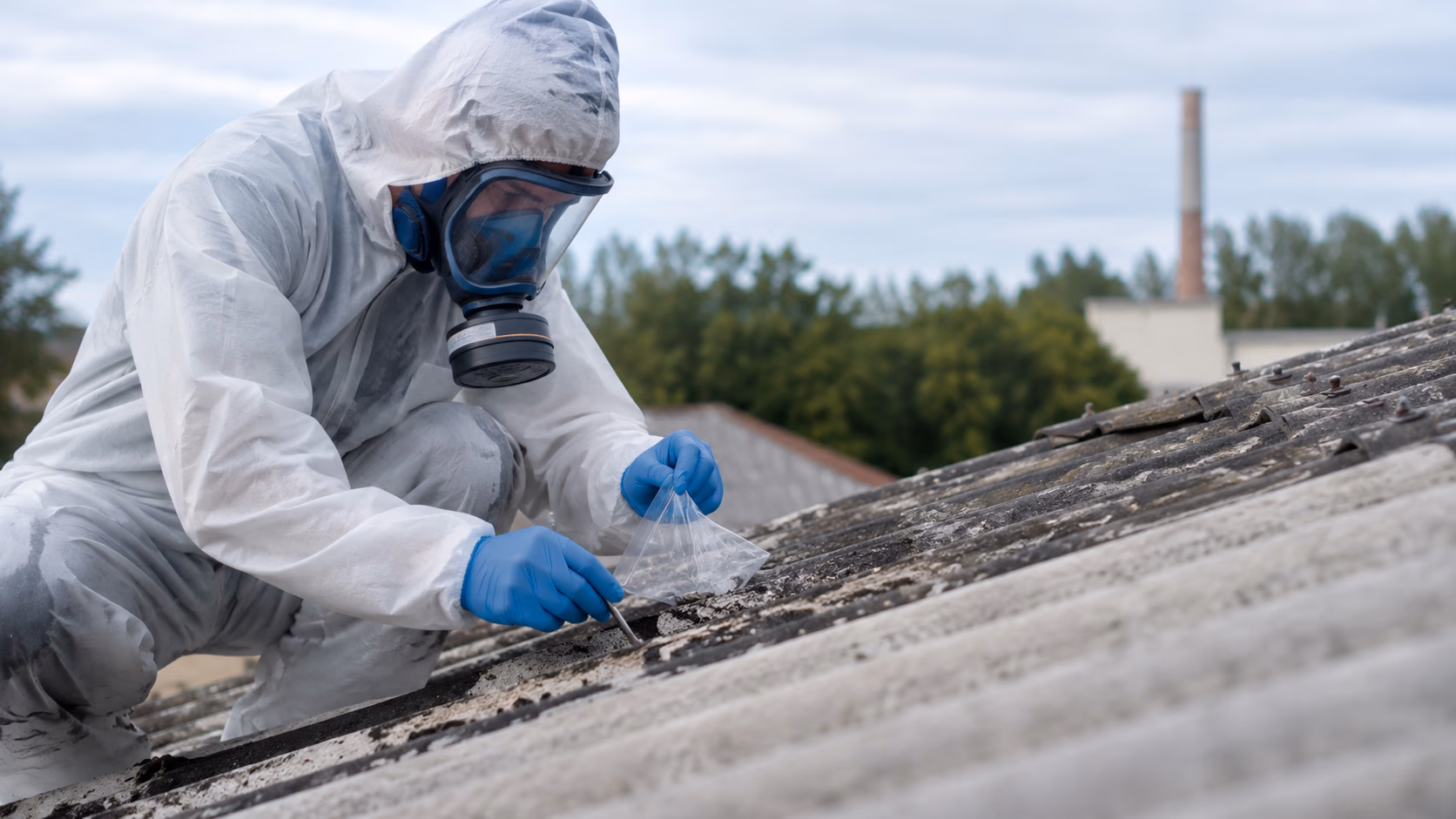 Technicien certifié procédant à un prélèvement amiante sur une toiture en fibrociment avant démolition
