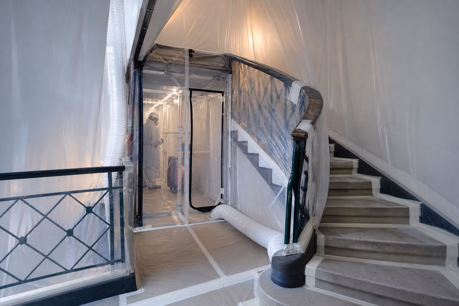 Sas de décontamination installé dans la cage d'escalier d'un immeuble habité pendant un chantier de désamiantage