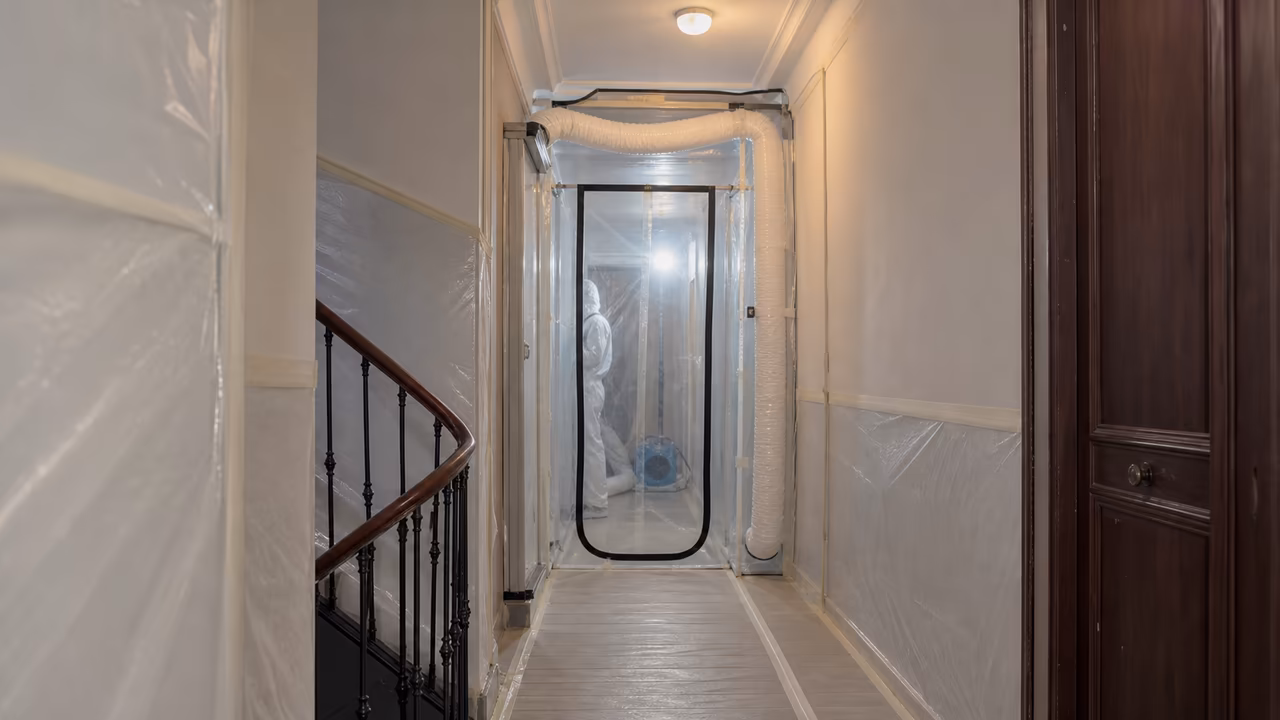 Sas de décontamination installé dans le couloir d'un immeuble habité, parties communes protégées par un film polyane