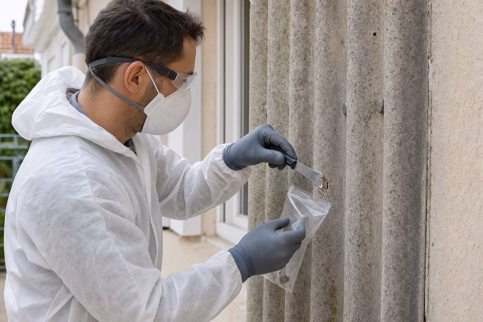 Diagnostiqueur certifié réalisant un prélèvement sur une plaque de fibrociment pour analyse amiante en laboratoire