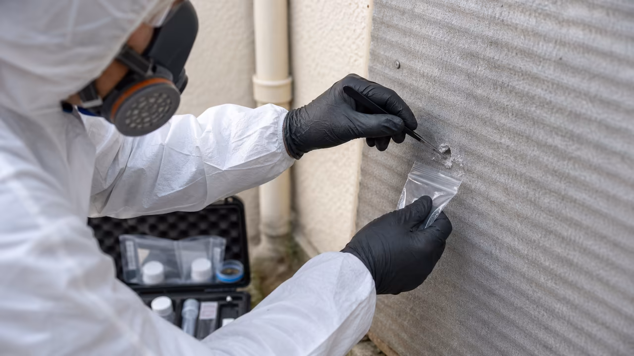 Diagnostiqueur certifié prélevant un échantillon sur un matériau suspect, gants et équipement de protection