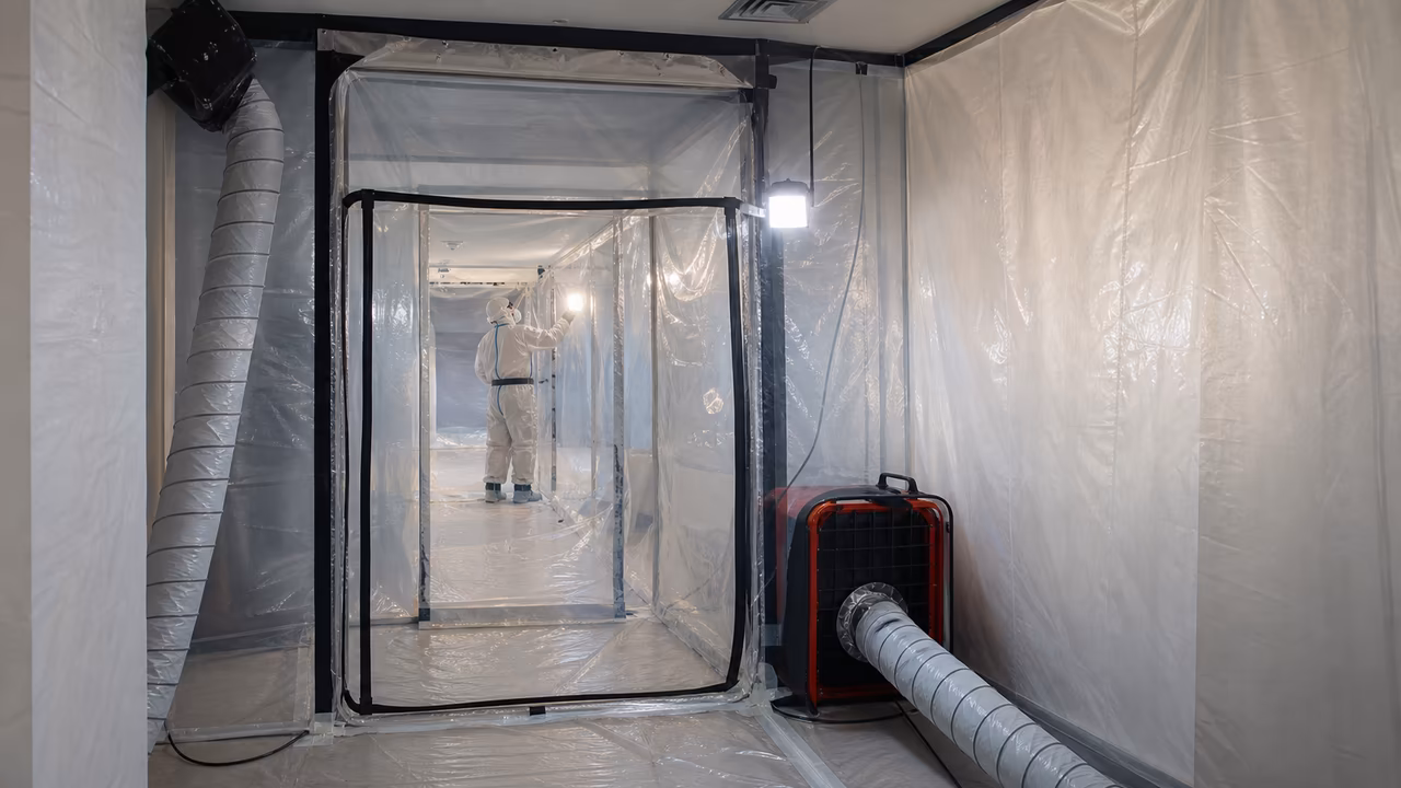 Zone de confinement étanche avec sas de décontamination sur un chantier de retrait amiante en sous-section 3