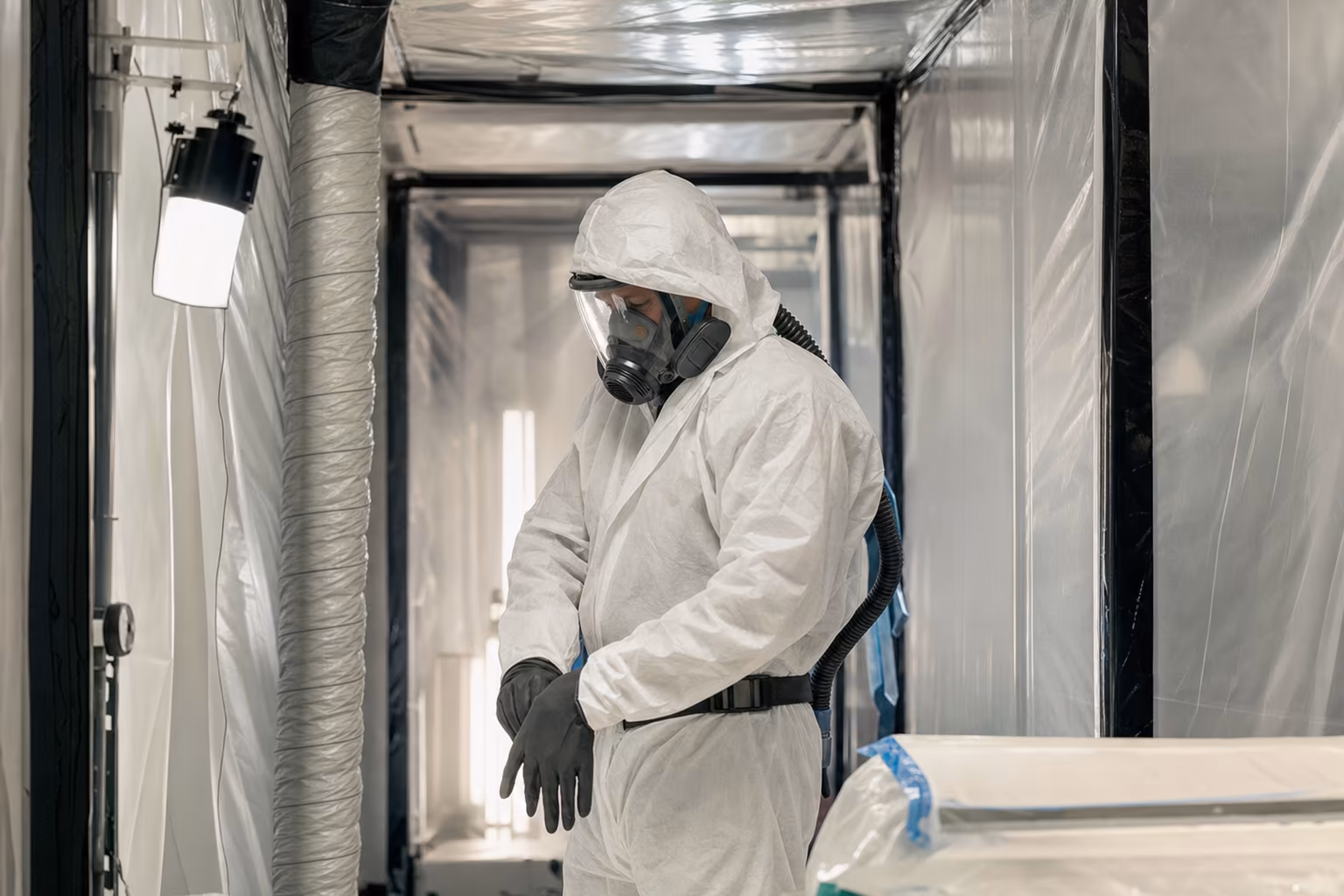 Opérateur en combinaison et masque dans un sas de décontamination sur un chantier de désamiantage en sous-section 3