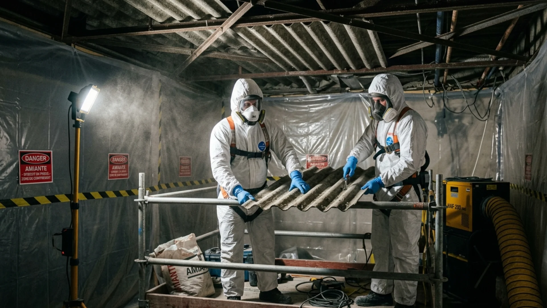 Opération de désamiantage sur un site industriel à Toulouse - deux ouvriers en combinaison retirant un toit en fibrociment