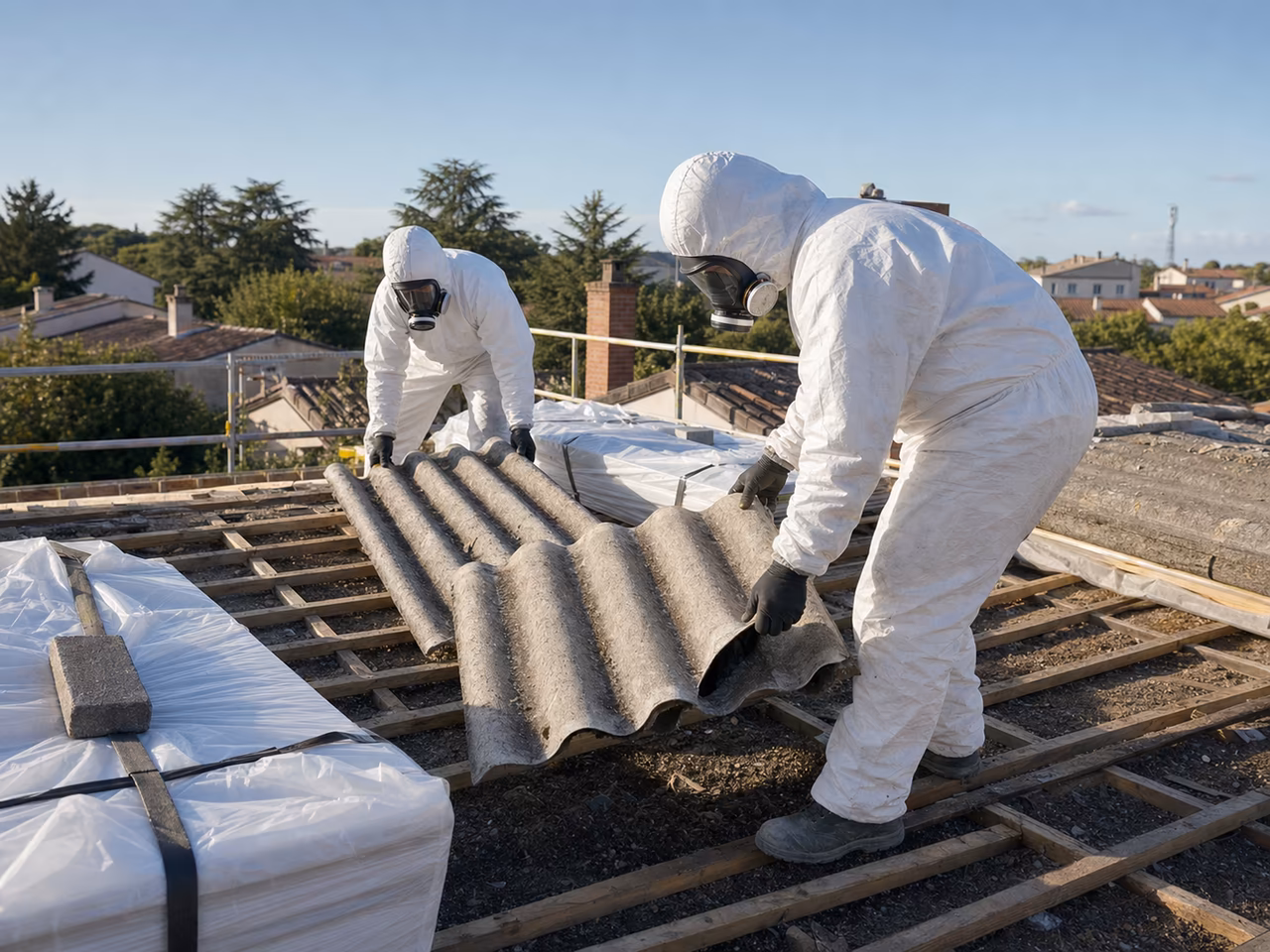 Ouvriers certifiés en combinaison déposant des plaques de fibrociment ondulé sur une toiture en Haute-Garonne