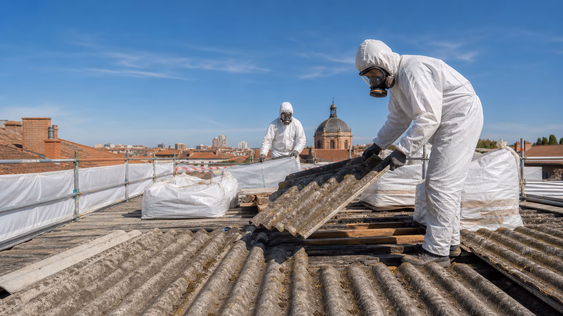 Désamiantage d'une toiture en plaques de fibrociment ondulé sur un bâtiment à Toulouse, ouvriers en combinaison, ciel dégagé, plan large