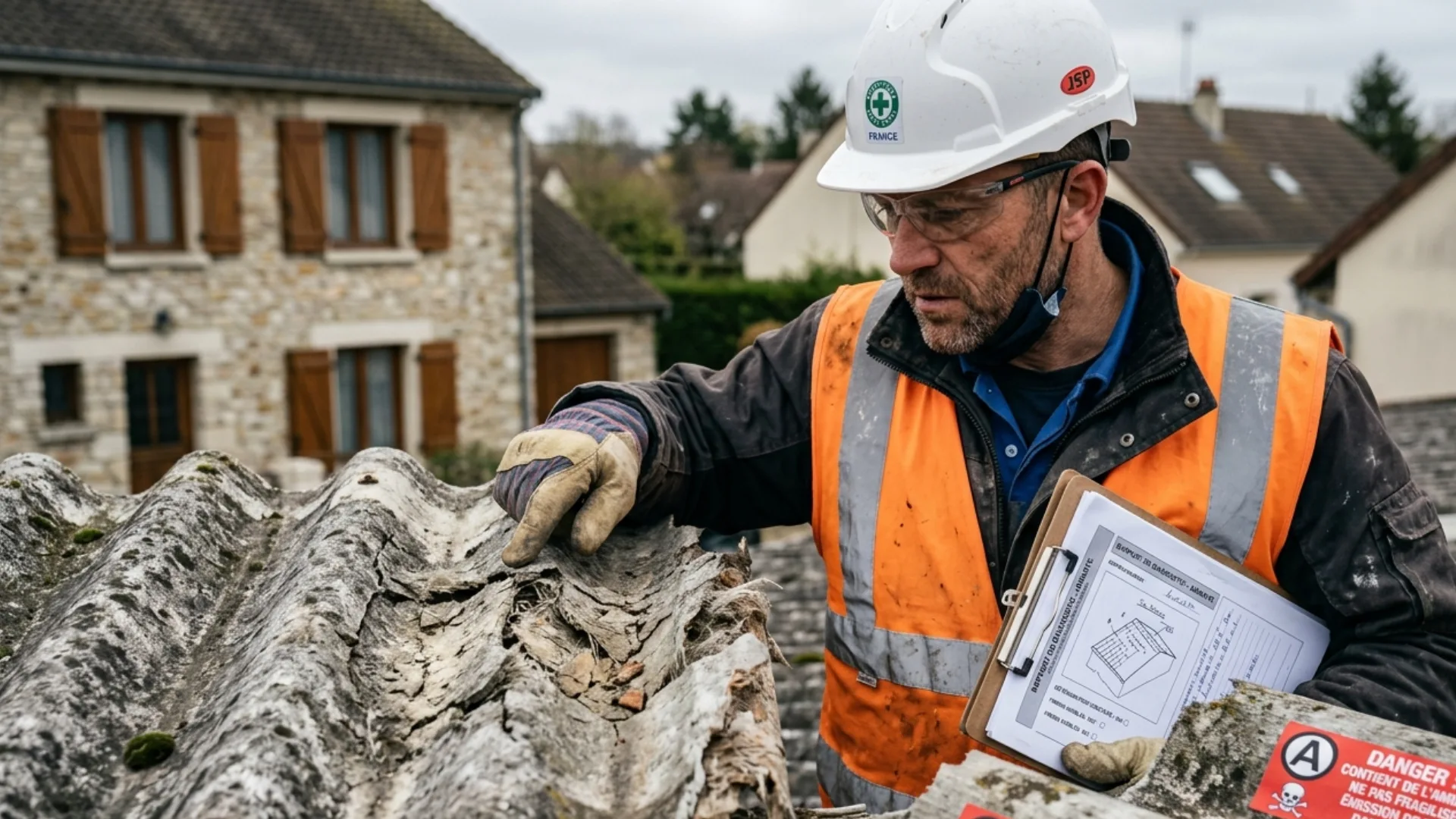 Ouvrier inspectant un toit en fibrociment amianté avant désamiantage